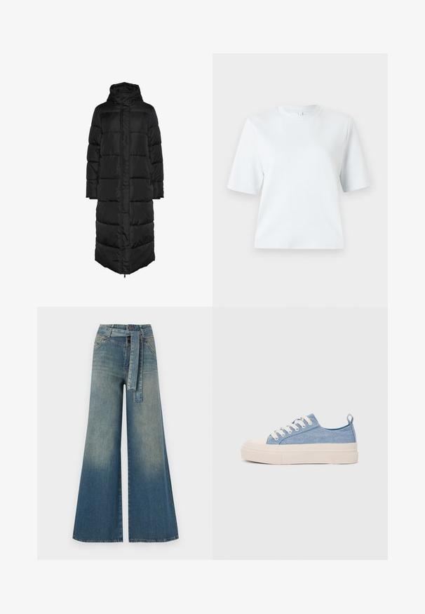 Črn dolg zimski plašč s kapuco in prešito zasnovo, z zadrgo spredaj in velikimi, oblazinjenimi ploščami za izolacijo. Gladka tekstura.; Svetlo modra kratka majica z napolnjenimi rokavi, izdelana iz mehkega bombaža. Ima klasičen okrogli izrez in sproščen kroj, brez vzorcev ali dodatkov.; Široke jeans hlače z gradientom od svetlo do temno modre, visokim pasom, zankami za pas in pasom iz istega materiala. Tekstura denim končnica.; Svetlo modri platneni športni copati z kremnim gumijastim zaščitnikom na prstih in podplatom, z belimi vezalkami in zanko na peti.