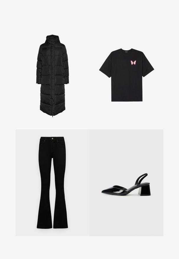 Melnā, gara, kapuces pūkainā mēteļa ar šuvju dizainu, kas aprīkots ar priekšējo rāvējslēdzēju un lielām, pildītām paneļiem siltuma izolācijai. Gluda tekstūra.; Melna kokvilnas T-krekls ar īsām piedurknēm, kuram priekšā kreisajā pusē ir neliels rozā tauriņa grafiskais attēls. Ar apaļu kaklu un brīvā stila piegriezumu.; Melni augsta jostas šorti ar pogu un rāvējslēdzēju, priekšējām kabatām un izplestām kājām, nolikti uz balta fona.; Melna lakota āda ar atvērto papēdi, ar smailu purngalu un ģeometrisku blokpapēdi. Iezīmējas elegants, minimāls dizains un gluda tekstūra.