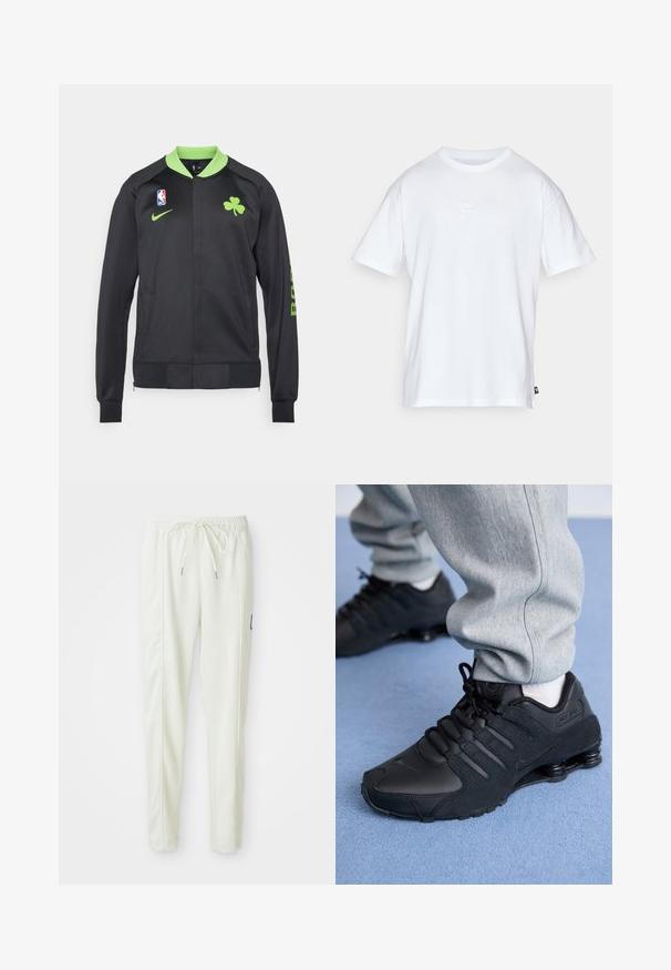Crna sportska jakna s zelenim ovratnikom, s logotipom djeteline, NBA emblemom i natpisom "BOSTON" na rukavu. Izrađena od glatkog materijala.; Bijela pamučna majica s kratkim rukavima i okruglim izrezom. Ima mali, diskretni Nike logo na prsima i oznaku sa strane.; Bijele uske sportske hlače s elastičnim pojasom i vezicom, s bočnim šavovima i malim crnim logotipom na desnoj nozi.; Osoba koja nosi crne Nike Shox tenisice i sive trenirke stoji na svijetloplavom tepihu.