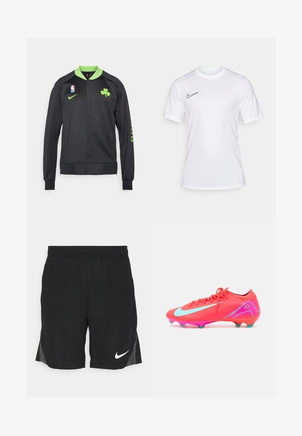 Black athletic jacket with a green collar, featuring a clover logo, NBA emblem, and "BOSTON" print on the sleeve. Made from smooth fabric.; White athletic T-shirt made of lightweight fabric, featuring a round neckline, short sleeves, and a black Nike logo on the upper left.; Black athletic shorts made of lightweight fabric, featuring a textured pattern, side slits, and a white Nike logo on the lower left side.; Bright pink soccer cleat with a textured upper, light blue accents, and a sleek design. Features a pink sole with teal studs.