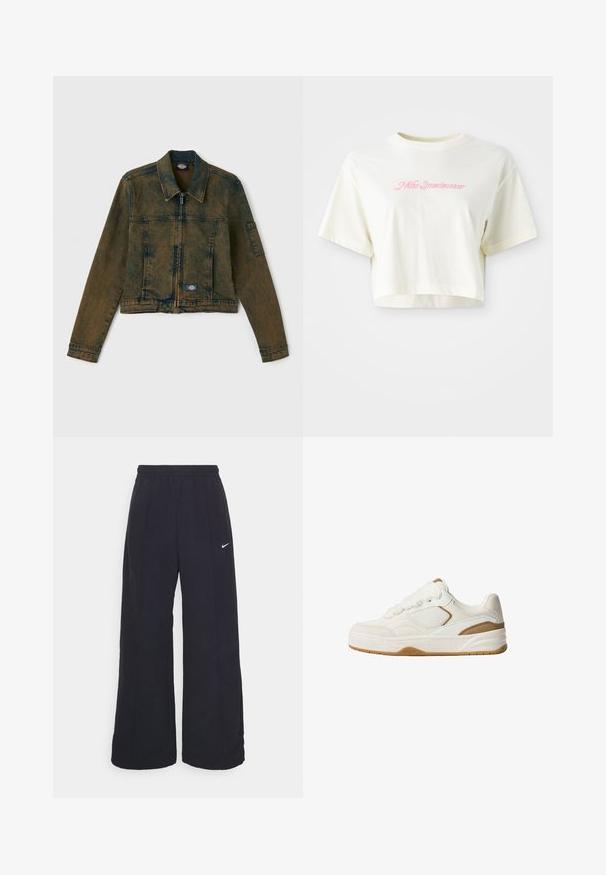 Denim jacket in a faded olive green color, featuring a zip front, classic collar, and two chest pockets with a logo patch on the left side.; Cropped, cream-colored t-shirt made of cotton. Features a pink embroidered logo that reads "Nike Sportwear." Short sleeves and a round neckline.; Black wide-leg pants with an elastic waistband and a small white Nike logo. Fabric has a smooth texture, designed for comfort and casual wear.; White sneaker with textured fabric and suede accents. Features round laces, a padded collar, and a gum rubber sole for traction.