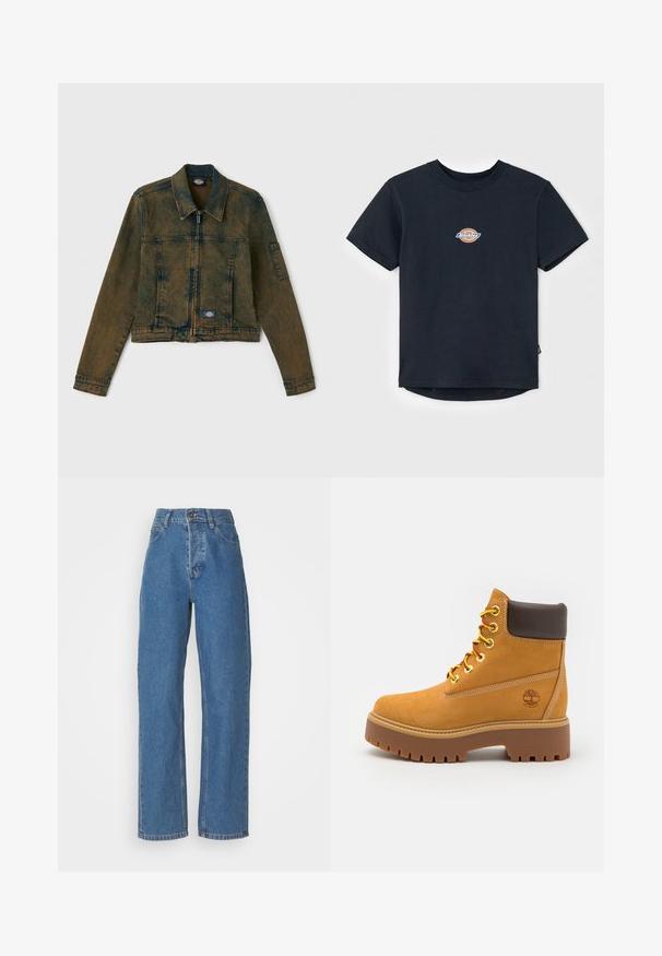 Jeansowa kurtka w wyblakłym oliwkowym kolorze, z zamkiem z przodu, klasycznym kołnierzem oraz dwiema kieszeniami na piersi z naszywką z logo po lewej stronie.; Czarna bawełniana koszulka z krótkim rękawem, okrągłym dekoltem i małym, wielokolorowym logo na piersi. Proste wykończenie u dołu, z nieco wydłużonym tyłem.; Jeansy niebieskie z wysokim stanem i prostymi nogawkami, z wyblakłym wykończeniem. Posiadają pięć kieszeni, zapięcie na guzik oraz subtelne detale przeszyć.; Karmelowy wodoodporny but za kostkę z solidną gumową podeszwą, okrągłym noskiem, brązowym skórzanym kołnierzem, żółtymi sznurówkami i logo po boku.