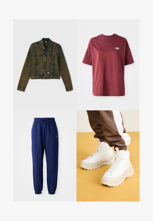 Ruházat, azaz egy elhalványult olajzöld színű farmerdzseki, elöl zipzárral, klasszikus gallérral, és két mellzsebbel, bal oldalon logós folttal.; Burgundi színű pamut póló, kerek nyakkivágással, rövid ujjal és kis fehér logóval a bal mellrészen. Sima tapintás, laza szabás.; Navy kék sportnadrág puha anyagból, elasztikus derékpánttal és zsinórral, elasztikus mandzsettákkal és egy kis fehér logóval.; Fehér, magasszárú sportcipők, vastag, texturált talppal, sima bőr felsőrésszel, kerek orral és azonos színű fűzőkkel, sárga háttér előtt.