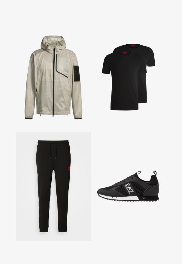 Lightweight, beige hooded jacket with a textured pattern, front zip, and a side pocket. Features black accents and adjustable cuffs.; Two black cotton t-shirts with short sleeves and crew necks. Both feature a red brand label at the neckline. Simple, classic design.; Black sweatpants made of soft fabric, featuring a drawstring waist, slim fit, and a red logo patch on the left thigh.; EA7 Emporio Armani Trainers - black/white