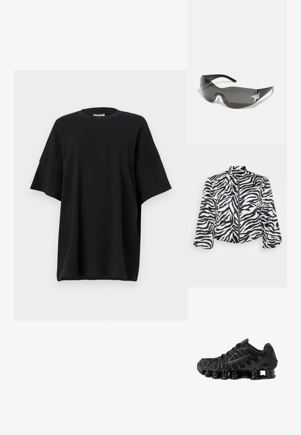 Black and white cropped jacket with zebra print, featuring a stand collar and front zipper. Made of lightweight, smooth fabric.; Black oversized t-shirt made of cotton, featuring a round neckline and short, wide sleeves with a smooth texture and relaxed fit.; Black athletic shoe with mesh upper and glossy overlays. Features curved coil cushioning and textured lines on the side. Nike logo visible.; Black sunglasses with a wrap-around design, dark tinted lenses, shiny star-shaped accents, and adjustable nose pads.; Even&Odd Tote bag - black; Silver ring with a hammered texture, wide band, and smooth inner surface. Reflective finish emphasizes the irregular design.