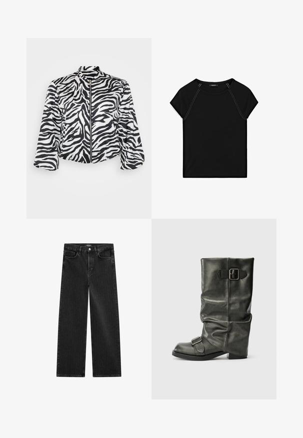 Svart och vit kortjacka med zebramönster, med ståkrage och framdragkedja. Tillverkad av lätt, slät tyg.; Svart kortärmad topp med rund halsringning och kontrasterande vit sömnad längs axlarna och sidorna. Mjuk, slät tyg.; Bredbenta svarta denimjeans med ett subtilt vertikalt randmönster, med femfickorsdesign och en klassisk knäppning i midjan.; Svart konstläder ankelboot med en slouchy skaft, en tjock klack och två metalliska spännen på sidan för detalj.