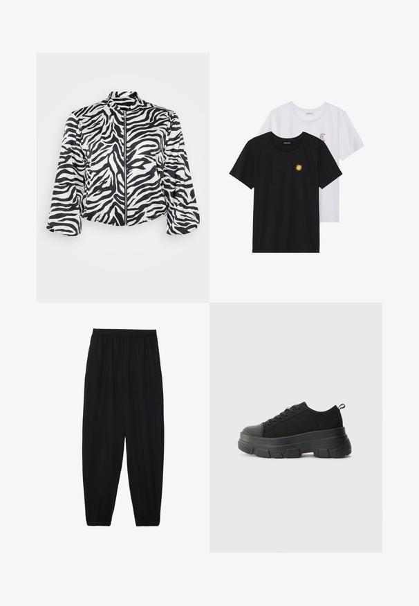 Casaco cropped em preto e branco com padrão de zebra, apresentando um colarinho alto e fecho frontal com zipper. Feito de um tecido leve e suave.; T-shirts preto e branco, de decote redondo e mangas curtas. A camisa preta apresenta um bordado de sol amarelo; a branca tem um detalhe de lua crescente roxa.; Calças pretas, leves, com um cinto elástico e punhos franzidos. O tecido é suave e apresenta um design relaxado e afunilado.; Sneakers pretos com sola de borracha robusta, parte superior de tecido texturizado, bico redondo e design de atacadores. Apresenta ilhós reforçados e uma alça na parte posterior.