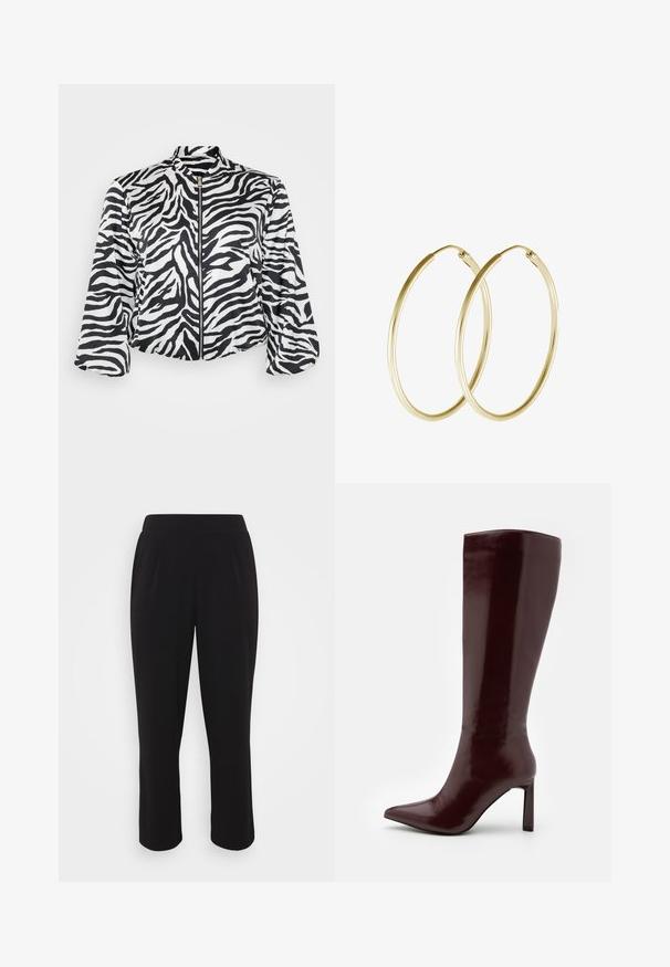 Melnbalts saīsināts jaka ar zebras rakstu, ar stāvošo apkakli un priekšējo rāvējslēdzēju. Izgatavota no viegla, gluda auduma.; Even&Odd Petite 2 PACK - Tops - light grey/black; Melnas īsas bikses ar gludu tekstūru, elastīgu jostasvietu un taisnām kājām. Iekļautas priekšējās krokas papildu detaļai.; Even&Odd Zābaki - dark red; Zelta auskari ar gludu, noapaļu dizainu un spīdīgu apdari. Viegls izpildījums ar drošu aizdari.