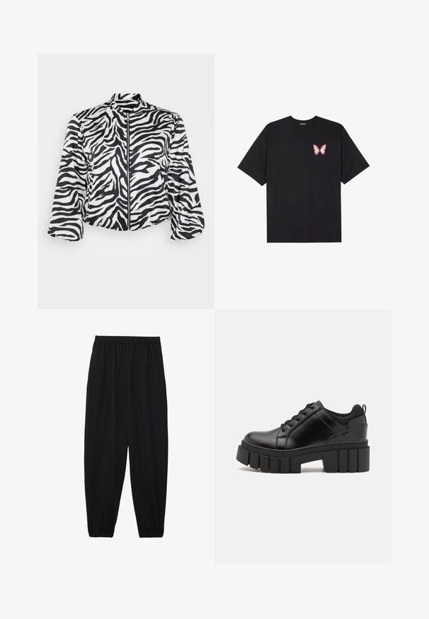 Schwarze und weiße verkürzte Jacke mit Zebra-Print, ausgestattet mit einem Stehkragen und einem Frontreißverschluss. Hergestellt aus leichtem, glattem Material.; Schwarzes Baumwoll-T-Shirt mit kurzen Ärmeln, das ein kleines pinkes Schmetterlingsmotiv auf der linken Brust zeigt. Crewneck-Design mit einem entspannten Schnitt.; Schwarze, leichte Hosen mit einem elastischen Bund und gerafften Knöcheln. Der Stoff ist glatt und hat ein entspanntes, schmal zulaufendes Design.; Schwarze Lederplateauschuhe mit klobigem Blockabsatz, runder Zehenpartie und traditionellem Schnürdesign. Verfügt über eine glatte Textur und minimale Details.