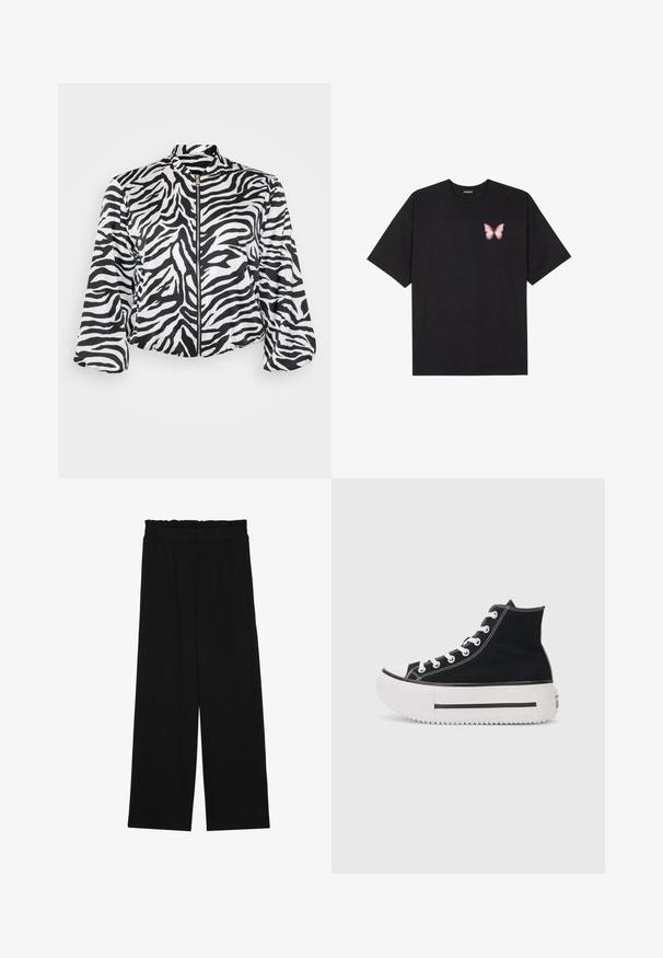 Crna i bijela skraćena jakna sa uzorkom zebre, s uspravnim ovratnikom i prednjim zatvaračem. Napravljena od lagane, glatke tkanine.; Crna pamučna majica s kratkim rukavima, s malim grafičkim prikazom ružičaste vjetricaste s desne strane na prsima. Dizajn s okruglim izrezom i opuštenim krojem.; Crne široke hlače s naboranim pojasom, koje imaju dva bočna džepa i glatku, laganu tkaninu. Nema vidljivih uzoraka ili metalnih dijelova.; Crni visoki tenisice od platna, s bijelim šavovima, gumenim vrhom, debelim bijelim platformama i crnim detaljem pruge.