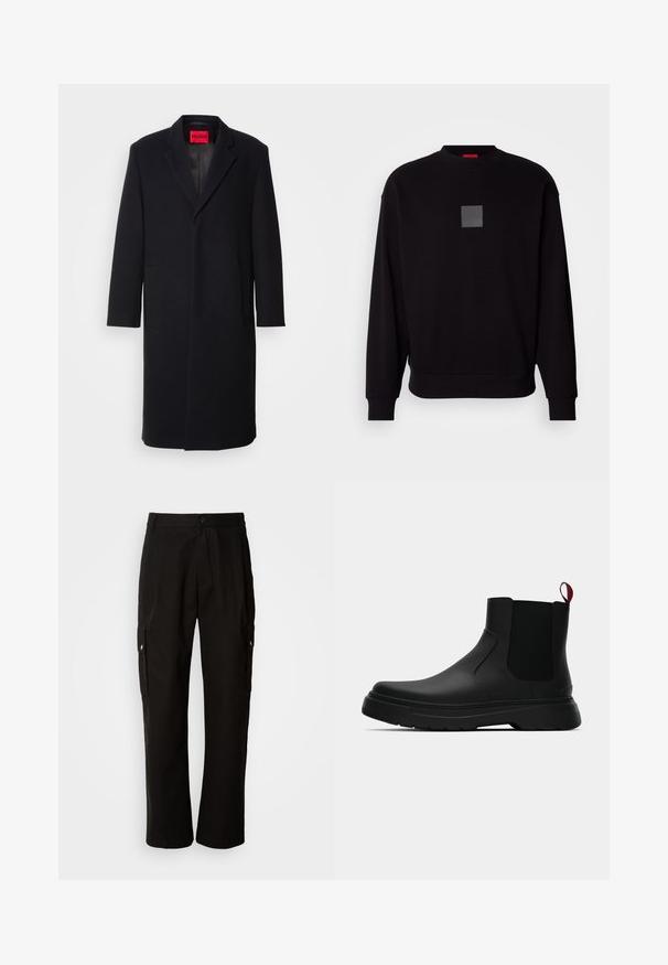 Cappotto in misto lana nero con rever a lancia, due tasche frontali e taglio dritto. Presenta un'etichetta rossa del marchio all'interno. Texture liscia.; Felpa nera con maniche lunghe, scollatura rotonda, logo quadrato grigio sul davanti, texture morbida e polsini e orlo a coste.; Pantaloni cargo neri in cotone con vestibilità comoda, dotati di tasche laterali, chiusura a bottone e gambe dritti. Design semplice senza motivi.; Stivale alla caviglia nero con finitura liscia, pannelli laterali elastici e un tab di presa rosso a contrasto, dotato di una suola in gomma spessa e punta arrotondata.
