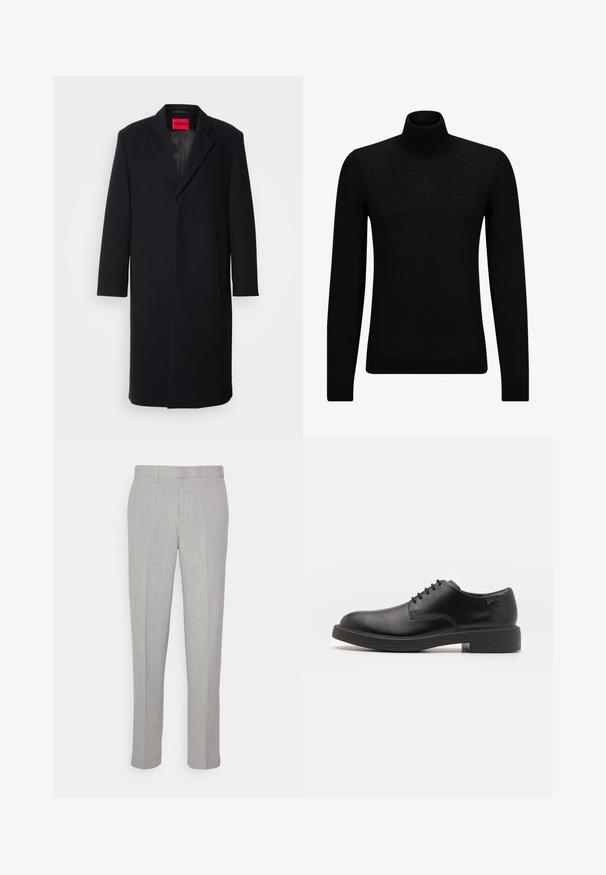 Melna vilnas maisījuma mēteli ar iegrieztu atlokiem, divām priekšējām kabatām un taisnu griezumu.  Iekšpusē ir sarkans zīmola marķējums. Gluda tekstūra.; Melnā augstā kakla džemperis, kas izgatavots no mīksta materiāla, ar garām piedurknēm un pieguļušu piegriezumu. Ribota apdare ap apakšu un piedurknēm. Vienkāršs dizains.; Gai pelēki bikses ar gludu tekstūru, plakanu priekšpusi un taisnām kājām. Izgatavotas no elpojoša auduma, ar iekšējām kabatām un jostu cilpām.; Melna āda sašūta kurpe ar noapaļotu purngalu, gludu tekstūru, minimālu šuvju skaitu un zemu gumijas papēdi. Logo uz papēža.