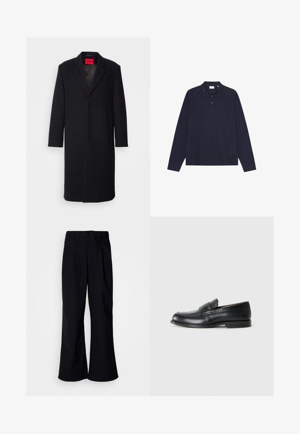 Palton negru din amestec de lână, cu rever în formă de V, două buzunare frontale și croială dreaptă. Prezintă un eticheta roșie a mărcii pe interior. Textură netedă.; Tricou polo din bumbac de culoare bleumarin, cu mânecă lungă și guler, având închidere cu trei nasturi și o textură simplă. Fără modele sau Accente vizibile.; Pantaloni negri cu croi larg din bumbac, cu pliuri frontale, dotati cu închidere prin nasture și bucle pentru curea, textura netedă și fără modele vizibile.; Mocasini din piele neagră cu vârful rotunjit, detalii cusute și talpă din cauciuc plat. Caracterizează o bandă lată peste glezna piciorului.