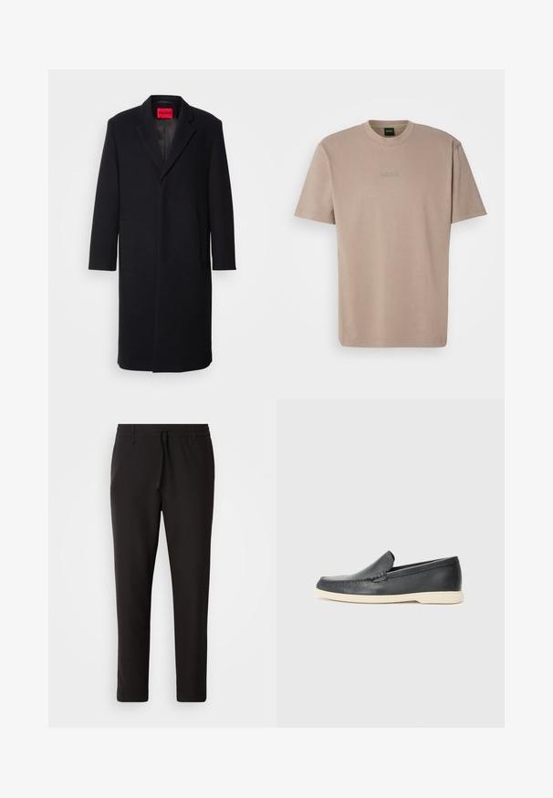Fekete gyapjú keverék kabát, kerekított hajtókával, két elülső zsebbel és egyenes szabással. Belső részén piros márkajelzés található. Simára csiszolt textúra.; Bézs színű, rövid ujjú póló puha pamutból, kerek nyakkivágással, amelyen hímezett "BOSS" logó található a mellkason.; Fekete jogger nadrág sima anyagból. Rugalmas derekú, húzózsinórral, tapered lábakkal és látható zsebek nélkül készül. Egyszerű dizájn.; Fekete bőr, slip-on stílusú loaferek, texturált felülettel és kontrasztos bézs gumitalppal. A frontrészén finom díszítéssel rendelkezik.