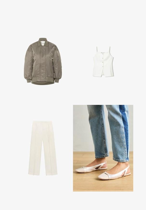 Maslinasto zeleni bomber jakna od sjajnog najlona s rebrastim ovratnikom i manžetama, s dijamantnim prošivenim uzorcima na prednjoj strani.; Bijela bezrukavna majica s dugmadi sprijeda, bočnim džepovima i prilagođenim dizajnom s lagano raširenim rubom. Glatka tekstura, minimalni detalji.; Hlače širokog kroja u svijetloj krem boji. Izrađene su od glatkog materijala s plisama sprijeda i bočnim džepovima.; Svijetlo ružičaste slingback balerinke s šiljastim vrhom, izrađene od glatkog materijala nalik koži. Sadrže izrezane detalje sa strane i ravnu petu.