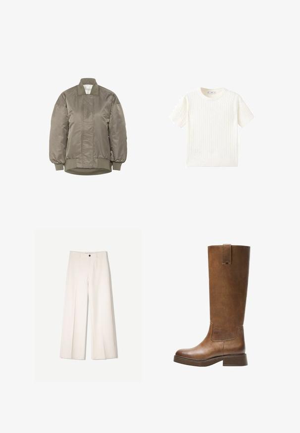 Giacca bomber verde oliva in nylon lucido con colletto e polsini a coste, caratterizzata da un motivo a rombi trapuntato sul davanti.; Maglione bianco a maniche corte con motivo a treccia, scollatura rotonda e orlo a coste. Texture morbida, vestibilità casual e design pulito.; Pantaloni larghi color crema con design sartoriale, dotati di due tasche frontali e una chiusura con bottone anteriore, realizzati in tessuto liscio.; Stivale marrone in pelle alto fino al ginocchio, con punta tonda, superficie testurizzata e tacco basso impilato. Presenta un pannello laterale e una linguetta di apertura in cima.