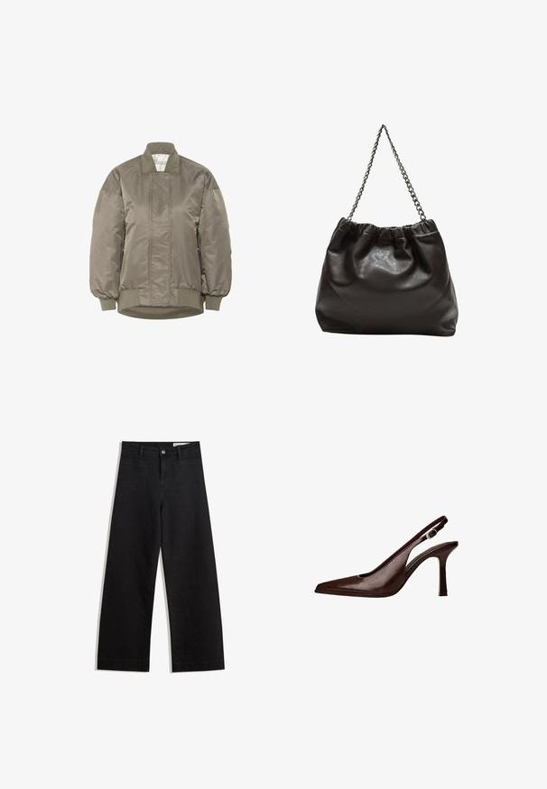 Olivovo zelená bomberka z lesklého nylónu s rebrovaným golierom a manžetami, s diamantovým prešívaním na prednej strane.; Biele tričko s krátkym rukávom z jemnej bavlnenej tkaniny, s okrúhlym výstrihom a uvoľneným strihom so rovnými okrajmi, jednoduché bez vzorov alebo grafiky.; Čierne denimové nohavice s širokými nohavicami a vysokým pásom, so prednými a zadnými vreckami, šitými švami a zapínaním na gombík. Hladká textúra.; Hnedé kožené slingback lodičky s špicatou špičkou a tenkým podpätkom. Obsahujú malú ozdobnú pracku na remienku a lesklý povrch.; Hnedá kožená taška so zberaným vrchom a reťazovým popruhom. Hladký povrch s lesklým finišom a jemným švom po stranách.