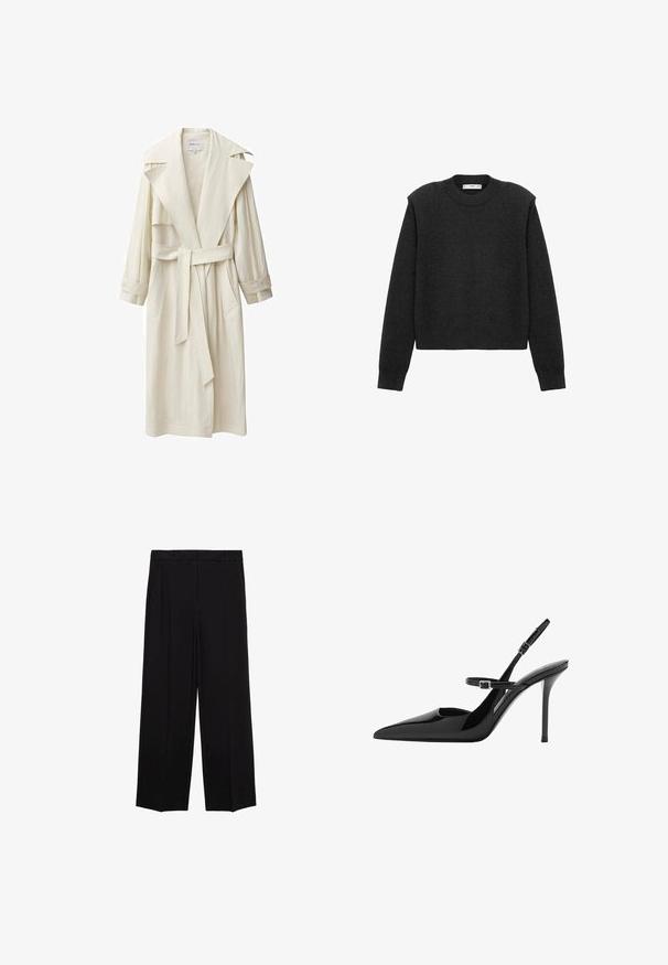 Ivory trench coat with a wide collar, long sleeves, belt tie, and side pockets. Made of lightweight fabric with a textured finish.; Dark gray, cropped sweater with long sleeves, a rounded neckline, and a textured finish. Simple design without patterns or embellishments.; Black wide-leg trousers with a smooth fabric, featuring pleats at the front and side pockets, designed with a straight, relaxed cut.; Black patent leather slingback high heels with a pointed toe, adjustable strap, and stiletto heel. Smooth surface with shiny finish.