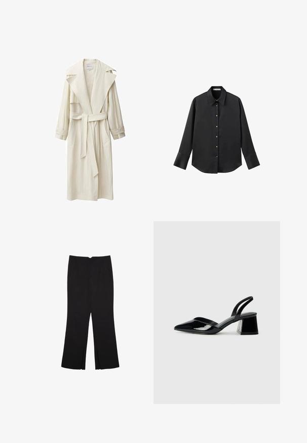 Slonasti plašč iz slonovine z širokim ovratnikom, dolgimi rokavi, pasom in stranskimi žepi. Narejen iz lahkega materiala z teksturirano površino.; Črna majica z dolgimi rokavi iz gladkega materiala, z klasičnim ovratnikom, sprednjim zapiranjem na gumbe z zlatimi gumbi in širokimi manšetami.; Črne hlače ravnega kroja z naglavnimi žepi in stranskimi razporki na robu. Narejene iz mehke, gladke tkanine. Primerne za različne priložnosti.; Črne lakirane slingback pete s koničastim nosom in geometrijsko blokasto peto. Imajo eleganten, minimalističen dizajn in gladko teksturo.