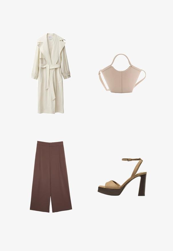 Elfenbeinfarbener Trenchcoat mit breitem Kragen, langen Ärmeln, Gürtel und seitlichen Taschen. Hergestellt aus leichtem Stoff mit strukturierter Oberfläche.; Braunes, kurzärmliges T-Shirt aus weichem Material mit rundem Halsausschnitt und lockerer Passform. Keine sichtbaren Muster oder Akzente.; Braune Weite-Leg-Hosen mit einer glatten Textur, hoher Taille und Vorderfalten. Der Stoff ist leicht und fällt locker.; Beige Wildleder-Pumps mit hohem Absatz, breitem Vorderband und Knöchelriemen, ausgestattet mit einem klobigen Holzblockabsatz mit strukturiertem Finish.; Beige Lederhandtasche mit einer einzigartigen Form, die zwei kurze Henkel und einen langen verstellbaren Riemen aufweist. Glatte Textur mit minimalen Hardware-Elementen.