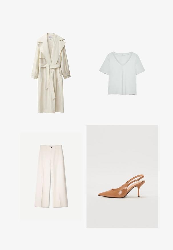 Biserna trench kaput s širokim ovratnikom, dugim rukavima, remenom i bočnim džepovima. Izrađen od laganog materijala s teksturiranim završetkom.; Svijetlosiva kratkotrajna majica s V-izrezom, izrađena od mekog materijala; ima opušteni kroj i čiste šavove bez uzoraka.; Kreme hlače širokih nogavica s krojem koji je prilagođen, s dva prednja džepa i jednim prednjim zatvaranjem na gumb, izrađene od glatkog materijala.; Sandal s petom u obliku šiljastog prsta od glatkog, sjajnog smeškastog materijala. Ima zakrivljeni izrez i vitku štiklu. Detalj s srebrnom kopčom.