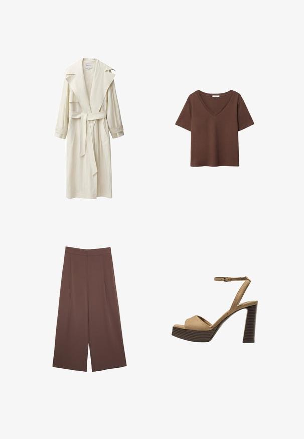 Slonovinový trench kabát s širokým golierom, dlhými rukávmi, opaskom a bočnými vreckami. Vyrobený z ľahkého materiálu s textúrovaným povrchom.; Hnedé bavlnené tričko s krátkymi rukávmi a hlbokým V-výstrihom. Jednoduchý dizajn, jemná textúra a rovný lem. Bez vzorov alebo akcentov.; Hnedé nohavice so širokými nohavicami a hladkou textúrou, s vysokým pásom a prednými skladmi. Tkanina je ľahká a voľne sa pohybuje.; Bežové semišové sandále na vysokom opätku s širokým predným pásom a pásikom okolo členka, ktoré majú masívny drevený blokový opätok s textúrovaným povrchom.