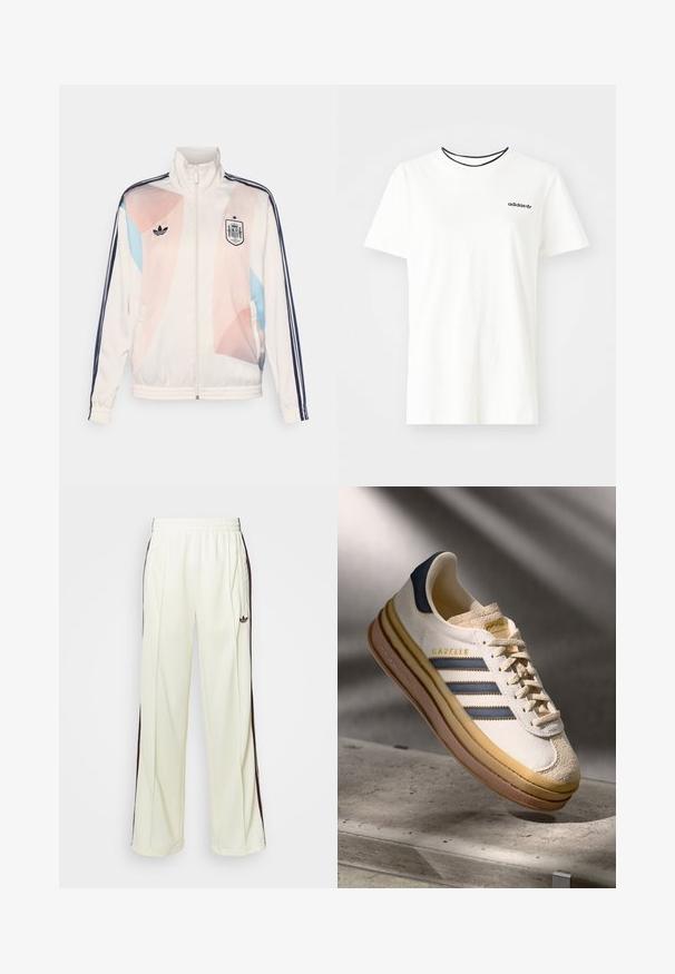 Casaco atlético branco com gola alta, apresentando padrões geométricos em tons pastel de rosa e azul, logotipo da Adidas e riscas em azul-marinho.; T-shirt de algodão branca com mangas curtas e decote redondo. Apresenta um logo preto da Adidas no peito e uma gola interna preta em contraste.; Calças de moletom de cor creme com um ajuste descontraído, apresentando riscas laterais castanhas-escuras e um logótipo bordado na coxa esquerda.; Sapatilha Adidas Gazelle com parte superior em camurça creme, detalhes em couro azul, três riscas azuis, entresola bege e sola de borracha castanha.