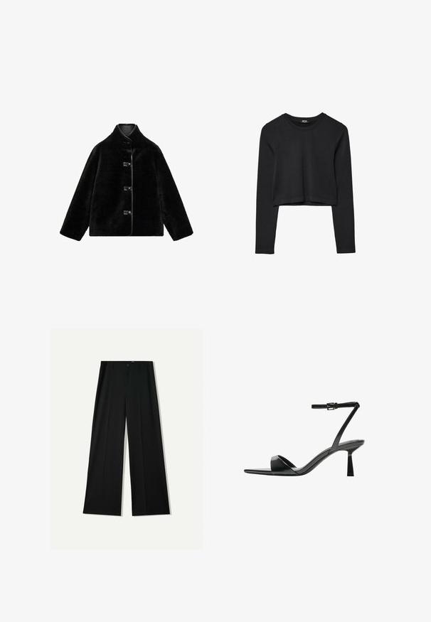 Svart fuskpälsjacka med hög krage, som har fyra runda knappar och släta svarta kanter längs sidorna. Mjuk textur med en fyrkantig form.; Svart långärmad croppad topp med rund halsringning, enkel design och en något rundad nederkant.; Bershka WIDE - Tygbyxor - black; Bershka Sandaletter - black