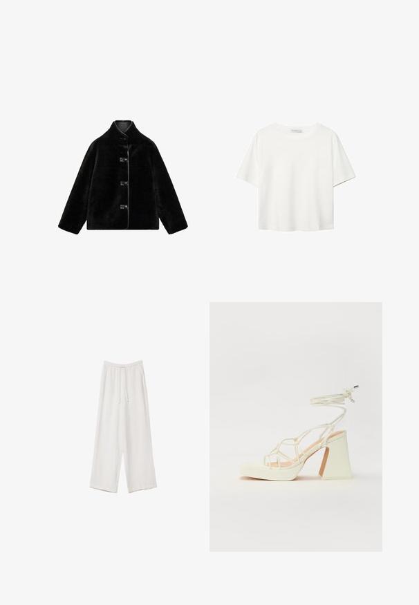 Čierny kabát z umelého kožucha s vysokým golierom, ktorý má štyri okrúhle gombíky a hladké čierne lemovanie pozdĺž okrajov. Mäkká textúra s hranatým strihom.; Biela krátkopsová tričko vyrobené z bavlny. Má okrúhly výstrih a voľný strih. Hladká textúra bez viditeľných vzorov alebo akcentov.; Biele široké nohavice vyrobené z ľahkej tkaniny. Obsahujú elastický pás so sťahovacou šnúrkou a bočné vrecká. Hladká textúra.; Biele sandále na vysokom opätku s hrubým podpätkom, s pruhovaným dizajnom a viazaním na členku. Hladký povrch s platformou vpredu pre zvýšenú výšku.