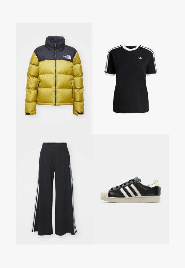 The North Face RETRO NUPTSE JACKET - Down jacket - amber green/black; Black cotton t-shirt with white accents on the collar and sleeves, featuring three white stripes on each shoulder and a small logo on the chest.; Black wide-leg sweatpants with an elastic waistband, featuring white side stripes and an embroidered logo on the left thigh.; Black leather sneaker with white stripes, rubber toe cap, black laces, and a cream-colored outsole. Smooth texture with shiny finish.