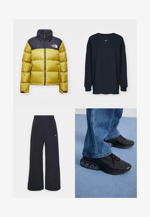 The North Face RETRO NUPTSE JACKET - Casaco de penas - amber green/black; Camisola preta de mangas longas feita de algodão com decote redondo. Apresenta um logótipo branco da Nike no peito. Textura suave, design simples.; Calças largas pretas com um cós elástico e um pequeno logótipo branco da Nike. O tecido tem uma textura suave, projetado para conforto e uso casual.; Ténis atléticos pretos com parte superior em malha, detalhes texturizados e almofadas de amortecimento de ar visíveis na sola. Usados com uns jeans de ganga azuis.