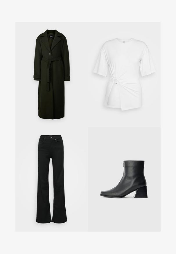 Μακριά σκούρα πράσινη παλτό φτιαγμένο από υφαντό ύφασμα. Διαθέτει περιλαίμιο με εγκοπή, κλείσιμο με έναν μονό κουμπί και αντίστοιχο ζώνη στη μέση.; Λευκό μπλουζάκι από απαλό βαμβάκι, με κοντά μανίκια, λεπτομέρεια με στριφτό κόμπο μπροστά και έναν διακοσμητικό δακτύλιο στη μέση.; Μαύρα φαρδιά τζιν από τζην υλικό, με ψηλή μέση, πέντε τσέπες και μεταλλικό κούμπωμα. Λείο υφή με ελάχιστες λεπτομέρειες.; Μαύρη δερμάτινη μπότες έως τον αστράγαλο με τετράγωνη μύτη, πλαϊνό φερμουάρ και τετράγωνη τακούνι σε απλή ανοιχτόχρωμη φόντο.