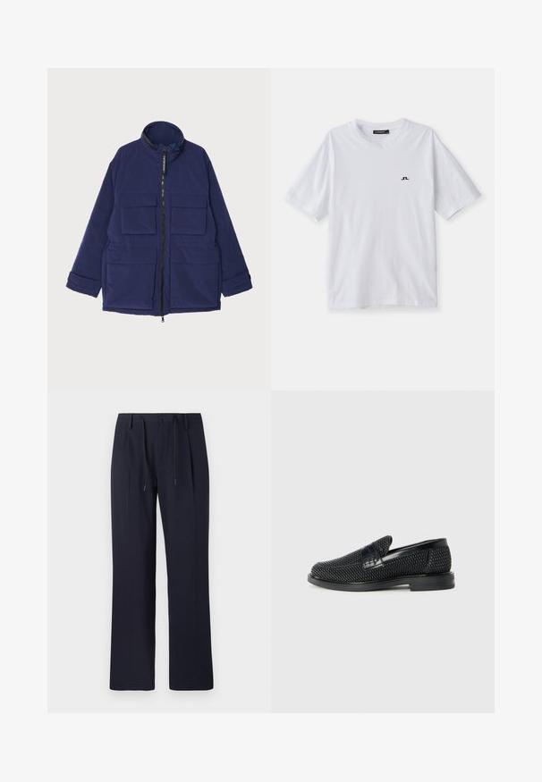 Giacca isolante blu navy con colletto alto, chiusura frontale con zip e multiple tasche esterne, caratterizzata da una texture liscia.; T-shirt bianca in cotone con colletto rotondo e maniche corte, caratterizzata da un piccolo logo nero sul petto. Tessuto liscio e vestibilità comoda.; Pantaloni blu navy con design a gamba dritta, realizzati in tessuto testurizzato. Presentano una chiusura frontale con bottone e una vita regolabile con cordoncino.; Scarpa nera a mocassino intrecciata con un accentuato in pelle liscia sulla parte superiore, design a punta rotonda e suola in gomma a profilo basso.