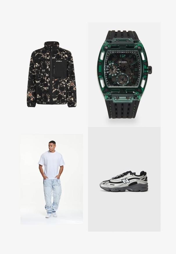 Juodas ir grietinėlės spalvos vilnos švarkas su aukšta apykakle, užtrauktuku priekyje ir krūtine kišene. Yra tekstūruota, pūkine paviršiaus apdaila su spalvų deriniu.; Rudas kamufliažo raštas džemperis su apvalia iškirpte, ilgomis rankovėmis ir šonkaulinėmis rankovėmis, pagamintas iš minkštos, tekstūruotos medžiagos.; Balta medvilninė marškinėliai, laisva forma, derinami su šviesiai mėlynomis nudėvėtomis džinsinėmis kelnėmis, turinčiomis nusidėvėjusių kraštų ir juodų dažų purslų akcentų.; Sidabrinės ir juodos sportinės bateliai su tinkliniu viršumi, paminkštintu padu, raištelių užsegimu ir šoniniu logotipu.; Guess laikrodis su stačiakampiu žaliu plastiko korpusu, juodu tekstūruotu guminiu dirželiu ir keliais ciferblatais su ryškiais skaičiais bei akcentais.