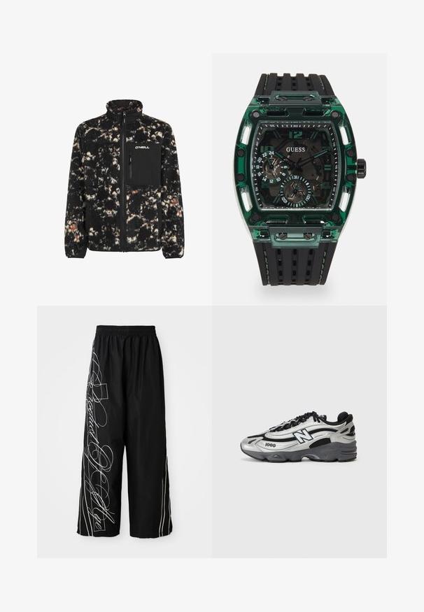 Black and cream fleece jacket with a high collar, zippered front, and chest pocket. Features a textured, fuzzy surface with a blend of colors.; Brown camouflage-patterned sweatshirt with a crew neck, long sleeves, and ribbed cuffs, made from soft, textured fabric.; Black, wide-leg, cropped pants made of lightweight fabric. Features white embroidered designs and accents flowing down the sides. Elastic waistband.; Silver and black athletic shoes featuring a mesh upper, cushioned sole, lace-up design, and side branding detail.; Guess watch featuring a rectangular green plastic case, black textured rubber strap, and multiple dials with bold numbers and accents.