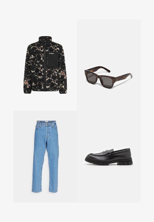 Sort og creme fleecejakke med høj krave, lynlåslukning foran og brystlomme. Har en struktureret, fuzzy overflade med en blanding af farver.; Sort turtleneck sweater lavet af et blødt strikmateriale. Har lange ærmer, ribbet krave og kant. Enkel, slank design uden mønstre.; Lyseblå højtaljede lige ben jeans med knap foran, lynlåslukning, bæltestropper og fem-lomme design på hvid baggrund.; Sorte læder loafers med en glat finish, der har en frontrem detalje og en kraftig gummisål med rillletaccents.; Skildpaddemønstrede solbriller med mørke linser, firkantet stel og sølvfarvede nitter foran. Lavet af plastik, lette og holdbare.