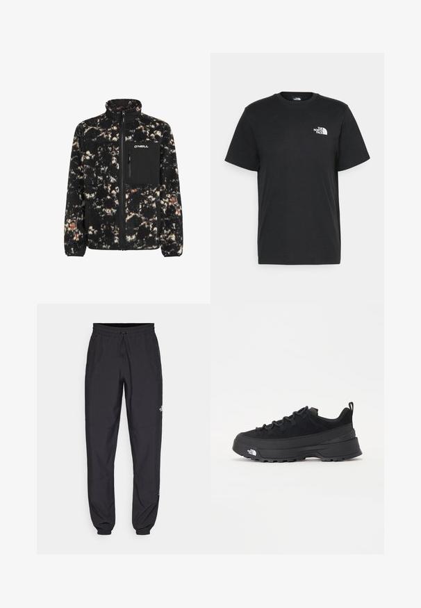 Melnas un krēmkrāsas vilnas jaka ar augstu apkakli, ar rāvējslēdzēju priekšpusē un krūšu kabatu. Tam ir teksturēta, pūkaina virsma ar krāsu sajaukumu.; Melna kokvilnas T-krekls ar īsām piedurknēm, apaļu kakla izgriezumu un mazu balto logotipu kreisajā krūtīs. Vienkāršs dizains, gluda tekstūra un brīvs piegriezums.; Melni sporta bikses, kas izgatavotas no viegla auduma, ar savelcamu jostu, sānu kabatām un sašaurinātiem apakšējiem galiem pie potītēm.; Melni āra sporta apavi ar zamšādas virsu, teksturētu gumijas zoli un izturīgu auklu sistēmu. Iezīmēts ar pastiprinātu papēdi un zīmola logo sānu daļā.