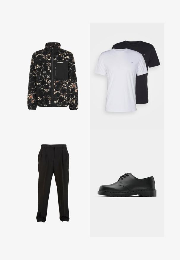 Zwarte en crèmekleurige fleecejack met een hoge kraag, een ritssluiting aan de voorkant en een borstzak. Heeft een gestructureerd, vachtachtig oppervlak met een mix van kleuren.; Twee katoenen t-shirts in het wit en zwart, met korte mouwen en ronde halsen, voorzien van een klein logo op de borst, met een soepele textuur.; Zwarte broek van gladde stof, met voorplooien, een knopenband en taps toelopende enkelboorden. Klassieke taillering.; Zwarte leren oxford schoenen met vetersluiting, ronde neus, platte rubberen zool en subtiele stiksel details langs het bovenwerk.