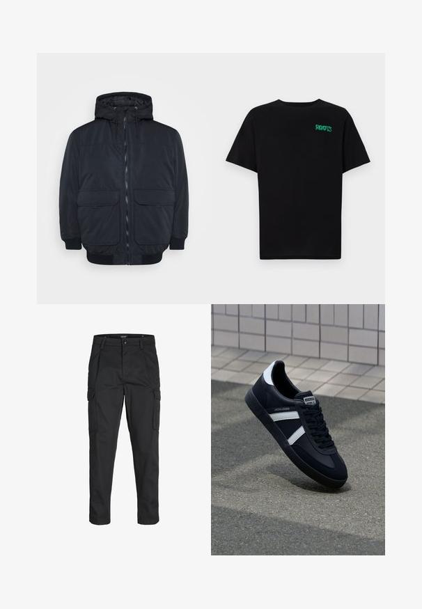 Jack & Jones JJCONSTRUCT - Talvejope - black; Must t-särk, mis on valmistatud puuvillast, lühikeste varrukatega. Esipaneelil on roheline "ROOTS" logo, ümmargune kaelus ja tavapärane lõige.; Mustad mustapõlvik, mis on valmistatud tugeva koe kasutades, sisaldab mitmeid taskuid, nupule kinnitatav sulgemine ja kitsenev disain.; Must have musta sneaker musta valgete triipudega, tekstuurne kummitald ja nööridega esiosa. Omab bränditud märki keele peal.