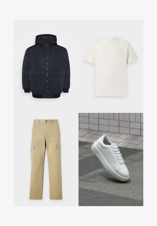 Jack & Jones JJCONSTRUCT - Winter jacket - black; White short-sleeve T-shirt in a ribbed texture. Round neckline, relaxed fit, no visible patterns or accents. Simple and versatile design.; Beige cargo pants made of cotton, featuring two side pockets, a button closure, and straight legs with a slightly textured fabric.; White leather sneaker with a smooth surface, round toe, and flat white laces. Features a textured rubber sole and minimal design elements.