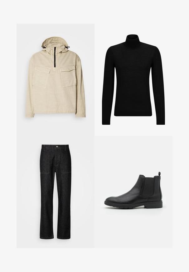 Beez pullover jakk, millel on poolsiidi sulgur, kaks rinnaülesannet, reguleeritav kapuuts koos stringidega ja pikad varrukad. Sile, kerge kangas.; Musthave muströid ja pehmest materjalist must turtleneck, millel on pikad varrukad ja tihe istuvus. Ribaga ääris allservas ja vöökohal. Lihtne disain.; Mustad denim püksid sirge säärega, nähtava õmblusega ja eesnupuga sulgur. Sisaldab kahte küljetaskut ja kahte tagataskut.; Mustat nahast Chelsea saapad elastsete külgpaneelide ja tõmbeotsaga, ümarate varvaste ja tekstuurse kummitaldiga.