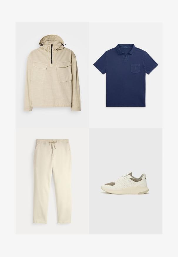 Beige pullover jacket with a half-zip closure, two chest pockets, adjustable hood with drawstrings, and long sleeves. Smooth, lightweight fabric.; Navy blue polo shirt made of cotton, featuring a folded collar, short sleeves, and a chest pocket with a small logo detail.; Off-white casual pants with elastic waistband and drawstring, straight legs, and side pockets against a plain background.; White and light beige athletic sneaker, featuring a mesh upper, perforated detailing, and a textured midsole with branding on the heel.