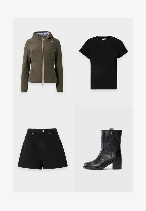 Olive green lightweight jacket with a hood, featuring a zip front with a multicolored stripe and elastic cuffs. Side pockets included.; Black cotton t-shirt with rolled short sleeves, featuring an embossed logo in the center and a small flag accent on the side.; Black denim shorts with a high waist, five pockets, silver hardware, and a standard fit, featuring a smooth texture and clean finishing.; Black leather mid-calf boot with block heel and gold "TH" logo on pull tab against white background.
