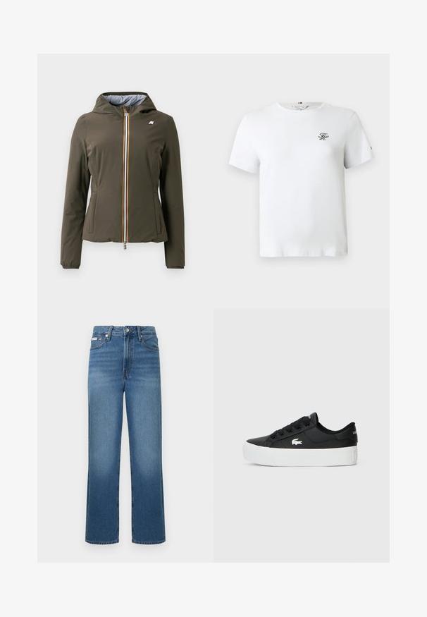 Casaco leve verde oliva com capuz, apresentando um fecho de correr frontal com uma faixa multicolorida e punhos elásticos. Inclui bolsos laterais.; T-shirt de algodão branco com decote redondo e mangas curtas. Apresenta um pequeno logotipo bordado em preto no lado esquerdo do peito e um detalhe com a marca.; Calças de ganga azul com cintura alta e perna reta, com desbotamento claro, bolsos frontais, fecho de botão e passadores para cinto. Textura suave e design clássico.; Sapatilha preta de cano baixo feita de material sintético, com sola de borracha branca, atacadores pretos e um pequeno logótipo branco na lateral.