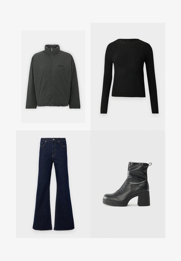 BDG Urban Outfitters Lengva striukė - black; Juoda dryžuota ilga rankovė prigludusi megztinis su apvalia iškirpte, pateiktas prieš paprastą šviesią fono.; Tamsiai mėlynos platėjančios džinsinės kelnės su aukštu liemeniu, priekiniu kišenėmis ir auksinėmis siūlėmis. Lygus paviršius su tradiciniu kirpimu.; Juodos kulkšninių botai, pagaminti iš lygaus odos, su šoniniu užtrauktuku, masyviu tekstūruotu kulnu ir apvaliu pirštu.
