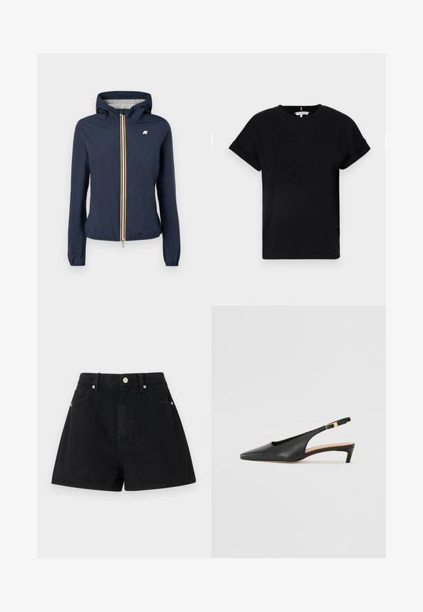 Casaco corta-vento azul-marinho com capuz, apresentando um fecho de correr na frente com riscas multicoloridas, punhos elásticos e um logótipo no peito.; T-shirt preta de algodão com mangas curtas dobradas, apresentando um logotipo em relevo no centro e um pequeno detalhe de bandeira na lateral.; Calções de ganga pretos com cintura alta, cinco bolsos, acessórios em prata e um ajuste padrão, apresentando uma textura suave e um acabamento limpo.; Sandal de salto em couro preto, com bico fino, salto baixo e uma corrente ajustável no tornozelo com um fecho em tom dourado. Textura suave.