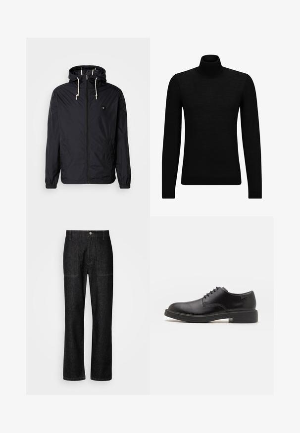 Black lightweight jacket with a hood, front zipper, elastic cuffs, dual side pockets, and contrasting drawstrings. Smooth, water-resistant fabric.; Black turtleneck sweater made of soft material, featuring long sleeves and a snug fit. Ribbed trim at the hem and cuffs. Simple design.; Black denim pants with a straight leg, visible stitching, and a front button closure. Includes two side pockets and two back pockets.; Black leather lace-up shoe with a rounded toe, smooth texture, minimal stitching, and a low rubber heel. Logo on the heel.