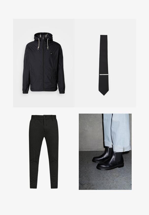 Veste légère noire avec capuche, fermeture éclair frontale, poignets élastiques, poches latérales doubles et cordons de serrage contrastants. Tissu lisse et résistant à l'eau.; Chemise blanche à manches longues avec boutons, fabriquée dans un tissu lisse. Dotée d'un col classique, de boutons sur le devant et de poignets à un bouton. Design ajusté.; Pantalons rayés noirs avec des fines rayures blanches verticales, une coupe slim, et une fermeture à bouton avec passants de ceinture pour un ajustement réglable.; Bottines Chelsea en cuir noir avec des panneaux latéraux élastiques et une semelle en caoutchouc texturée, associées à un jean en denim bleu clair avec ourlets.; Noeud papillon en tissu lisse, de largeur étroite et orné d'une pince à cravate en argent qui souligne son design.