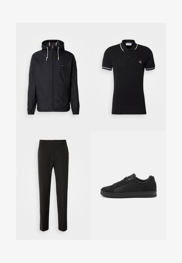 Black lightweight jacket with a hood, front zipper, elastic cuffs, dual side pockets, and contrasting drawstrings. Smooth, water-resistant fabric.; Black polo shirt made of cotton, featuring a slight stretch, with a white collar and sleeve trim, and a small logo on the chest.; Black trousers made of smooth fabric, featuring straight legs, a button closure, and a classic design suitable for formal or casual wear.; Black sneakers with a textured pattern, rounded toe, flat rubber sole, and black laces. Features a Calvin Klein logo on the side.