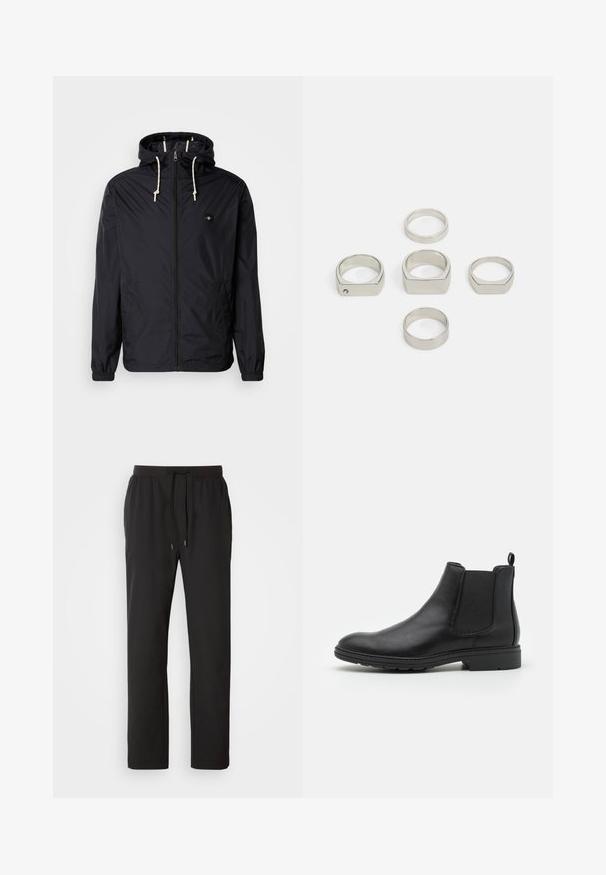 Fekete, könnyű dzseki kapucnival, elöl cipzárral, rugalmas mandzsettákkal, dupla oldalzósebekkel és kontrasztos húzózsinórokkal. Sima, vízálló anyag.; Fekete pamut polo póló, enyhe elasztikus anyaggal, fehér gallérral és ujjtippel, valamint egy kis logóval a mellen.; Fekete sportcipő nadrág könnyű anyagból, rugalmas derékkal, állítható húzózsinórral és oldalsó zsebekkel. Sima textúra.; Fekete bőr Chelsea csizma, elasztikus oldalpanellel és húzófüllel, lekerekített orral és texturált gumitalppal.; Hat darab fémes ezüstgyűrű, különböző formákban, beleértve a kerek és négyzetes kialakítást, sima textúrával és minimalista designnal.